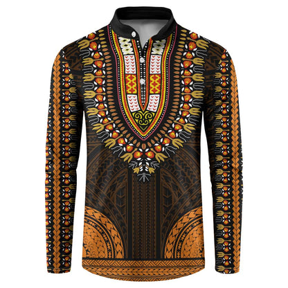 African Dashiki and Polynesian Pattern Button Sweatshirt Gold