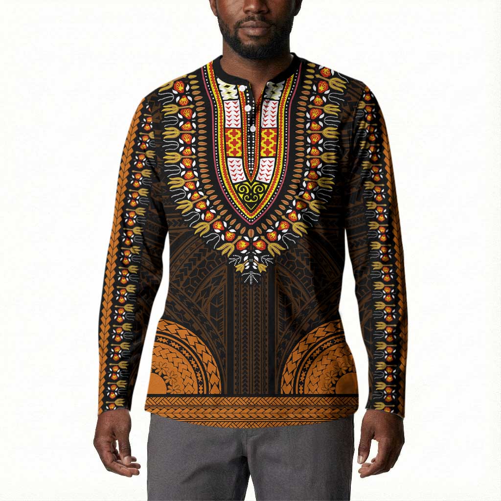 African Dashiki and Polynesian Pattern Button Sweatshirt Gold