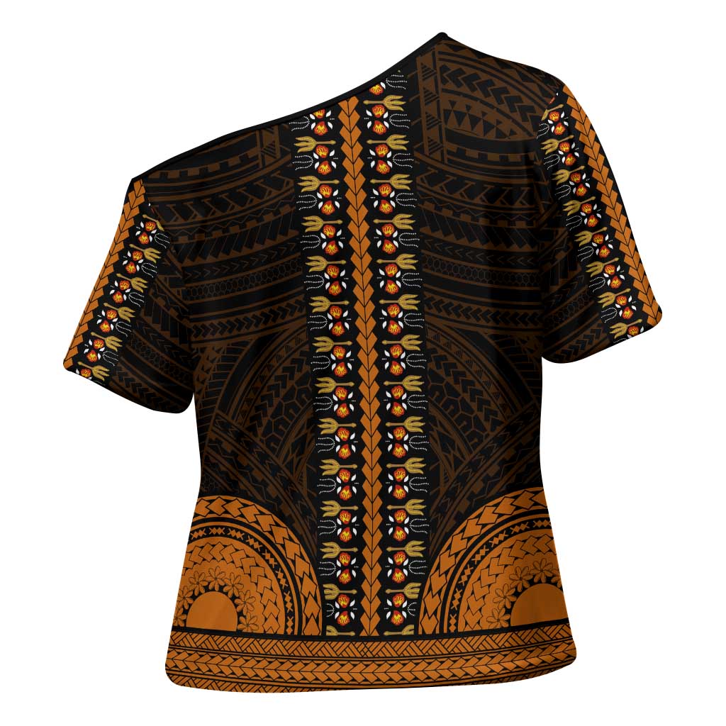 African Dashiki and Polynesian Pattern Cross Shoulder Shirt Gold