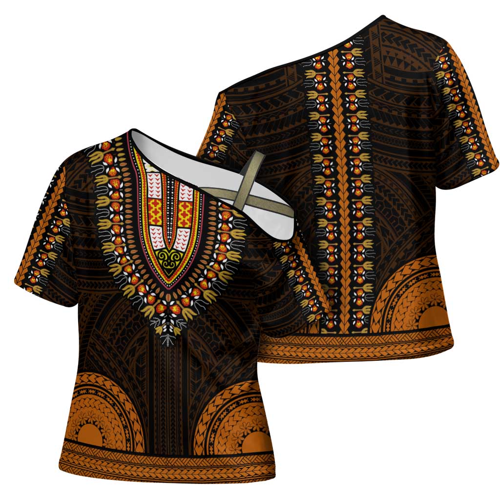 African Dashiki and Polynesian Pattern Cross Shoulder Shirt Gold