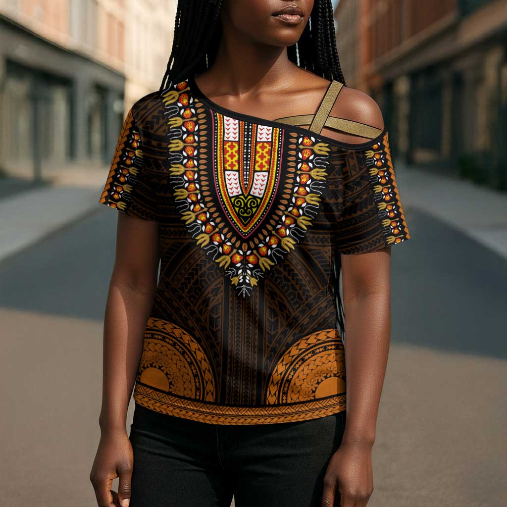 African Dashiki and Polynesian Pattern Cross Shoulder Shirt Gold