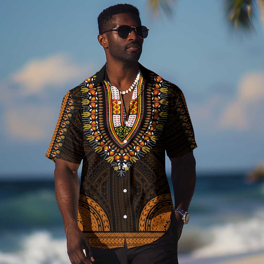 African Dashiki and Polynesian Pattern Hawaiian Shirt Gold