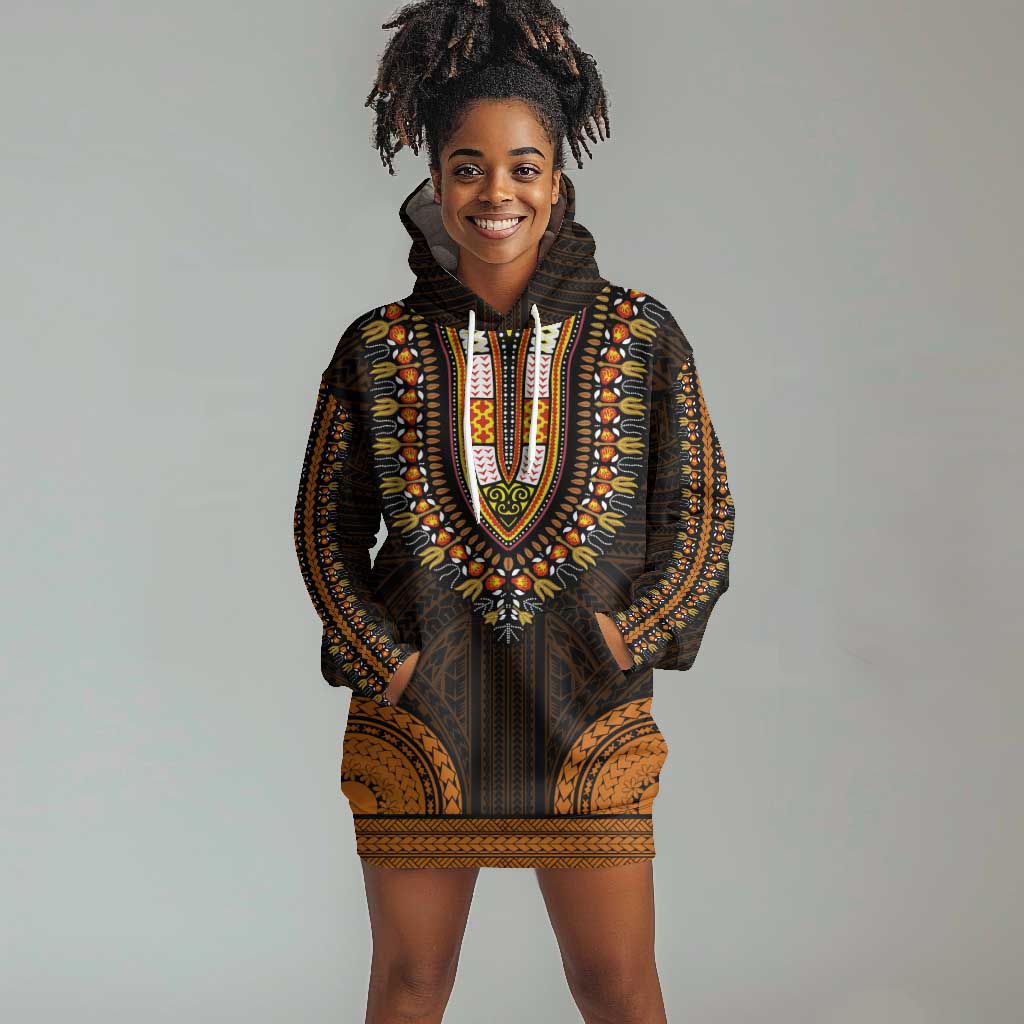 African Dashiki and Polynesian Pattern Hoodie Dress Gold