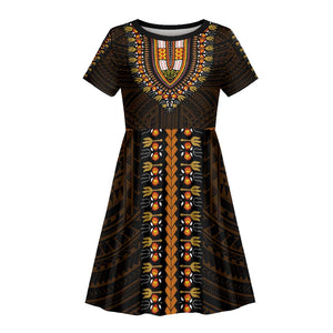 African Dashiki and Polynesian Pattern Kid Short Sleeve Dress Gold