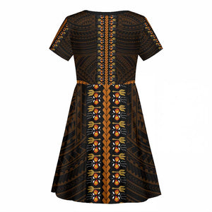 African Dashiki and Polynesian Pattern Kid Short Sleeve Dress Gold