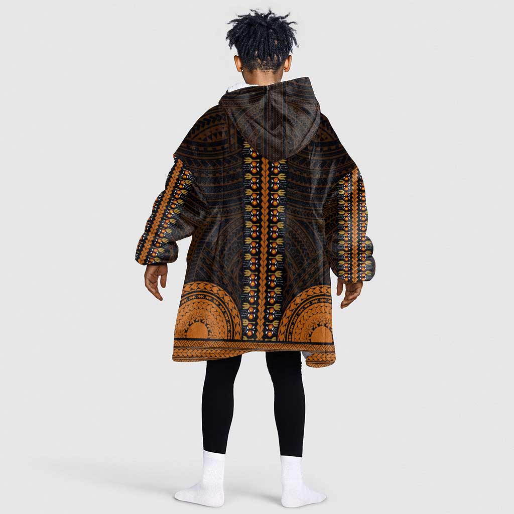 African Dashiki and Polynesian Pattern Kid Wearable Blanket Hoodie Gold