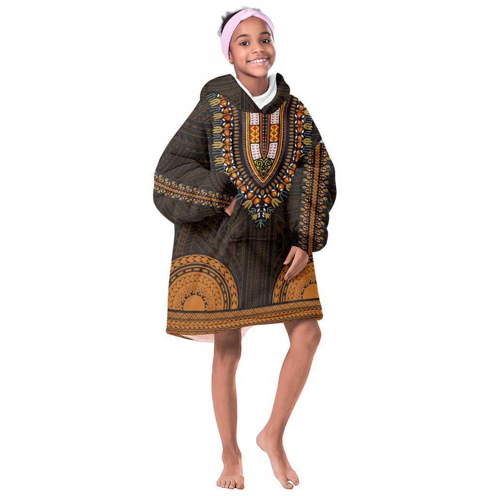 African Dashiki and Polynesian Pattern Kid Wearable Blanket Hoodie Gold