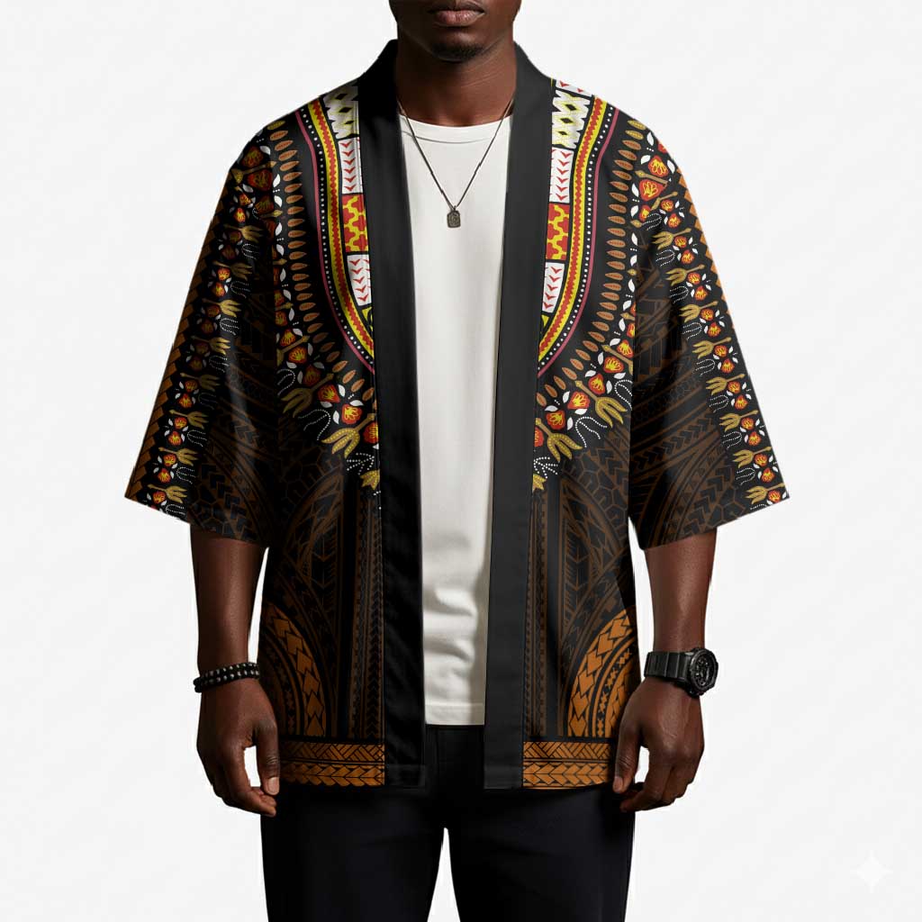 African Dashiki and Polynesian Pattern Kimono Gold