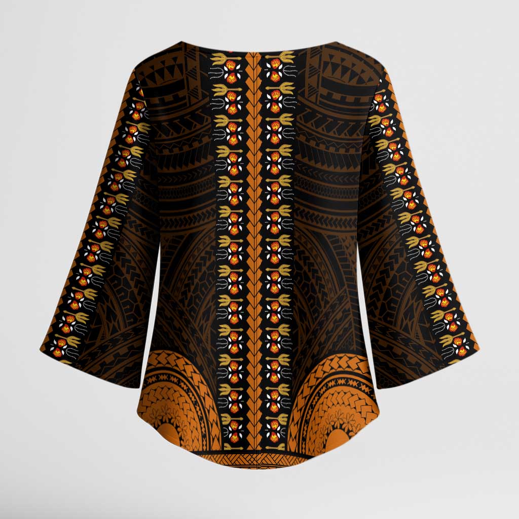 African Dashiki and Polynesian Pattern Kimono Sleeve Blouse Gold