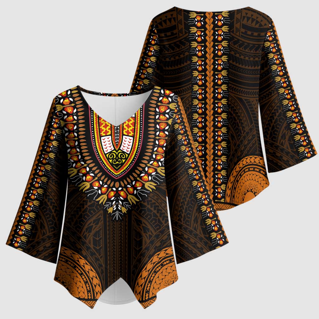 African Dashiki and Polynesian Pattern Kimono Sleeve Blouse Gold