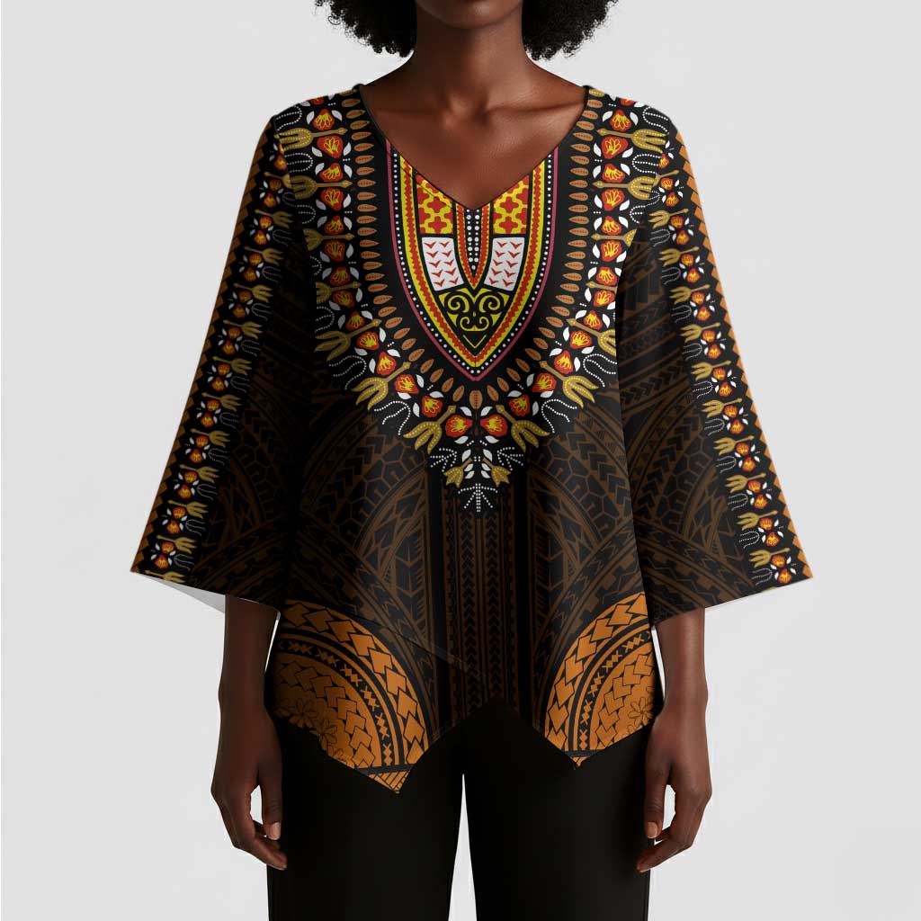 African Dashiki and Polynesian Pattern Kimono Sleeve Blouse Gold