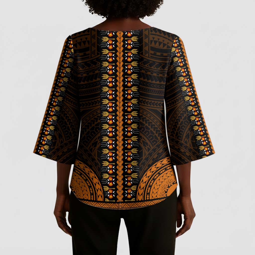 African Dashiki and Polynesian Pattern Kimono Sleeve Blouse Gold