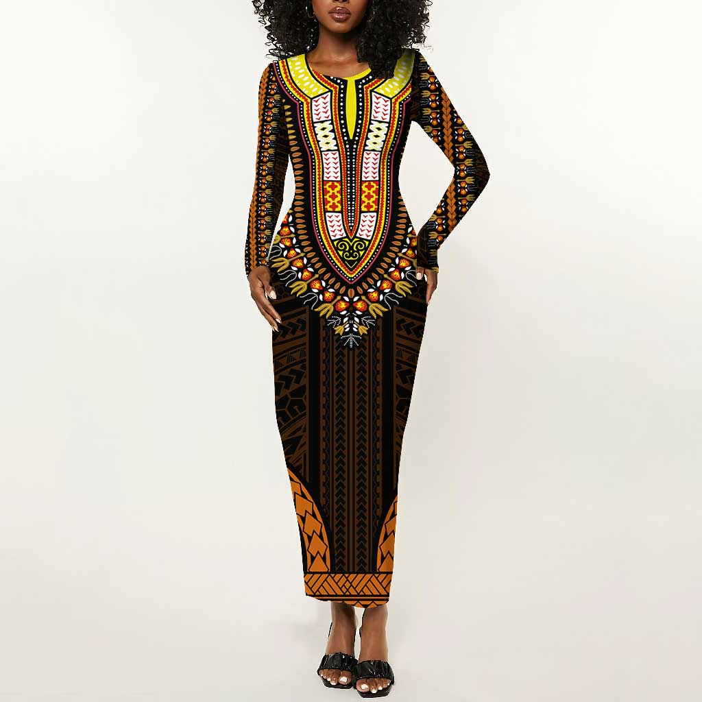 African Dashiki and Polynesian Pattern Long Sleeve Bodycon Dress Gold