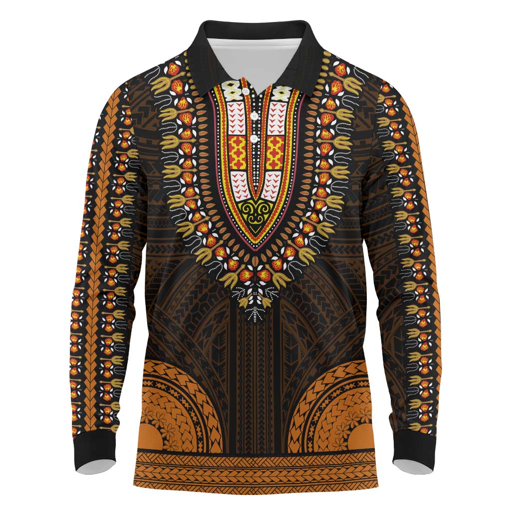 African Dashiki and Polynesian Pattern Long Sleeve Polo Shirt Gold