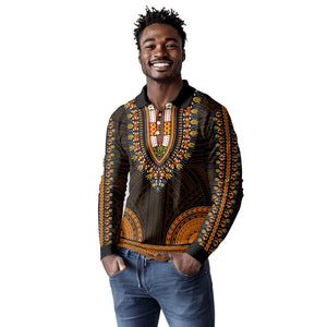 African Dashiki and Polynesian Pattern Long Sleeve Polo Shirt Gold