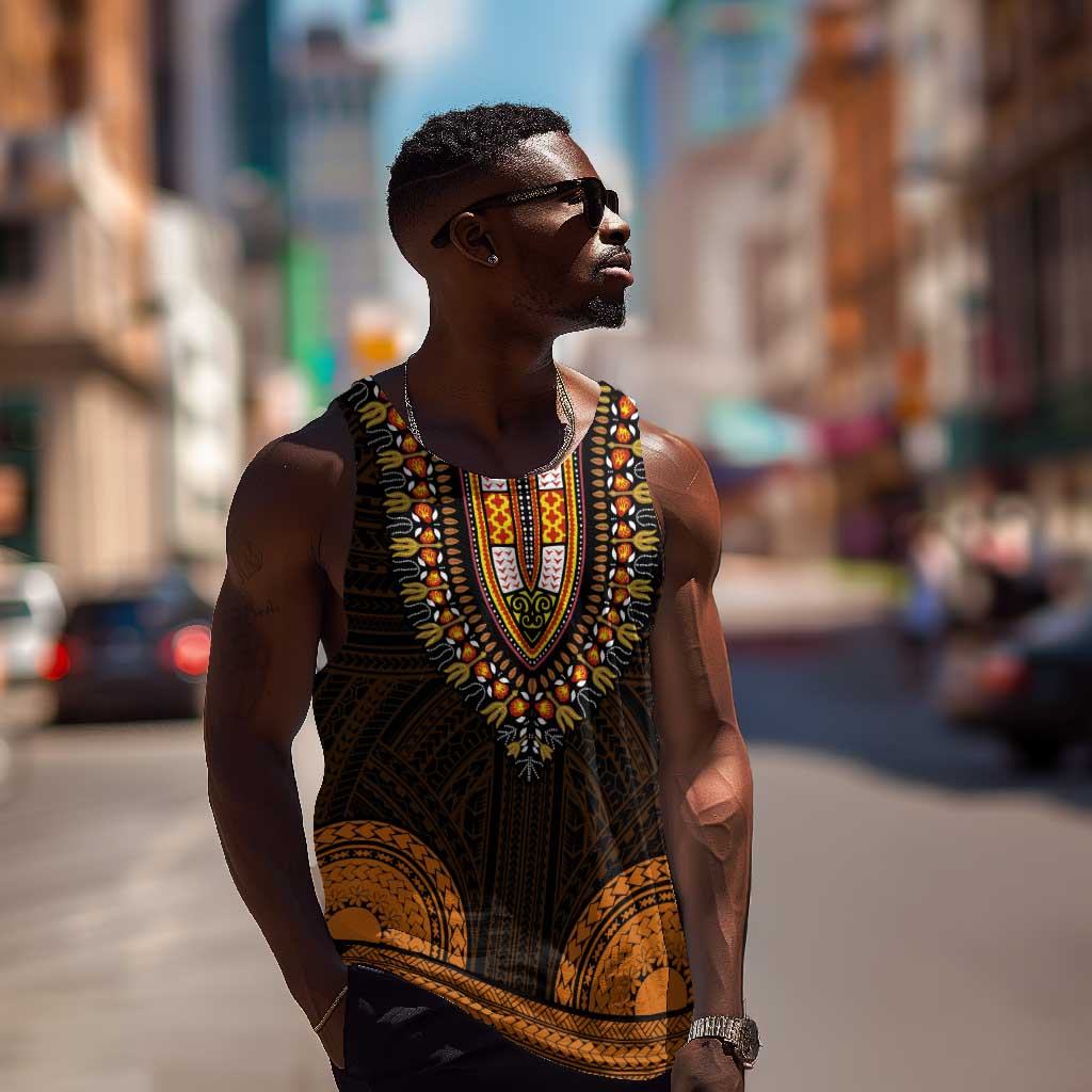 African Dashiki and Polynesian Pattern Men Tank Top Gold