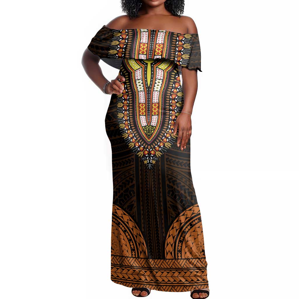 African Dashiki and Polynesian Pattern Off Shoulder Maxi Dress Gold