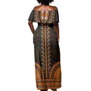 African Dashiki and Polynesian Pattern Off Shoulder Maxi Dress Gold