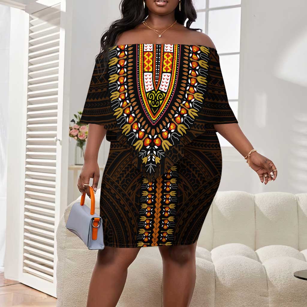 African Dashiki and Polynesian Pattern Off Shoulder Short Dress Gold