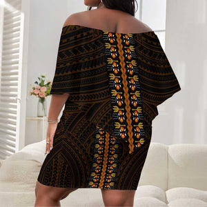 African Dashiki and Polynesian Pattern Off Shoulder Short Dress Gold