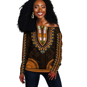 African Dashiki and Polynesian Pattern Off Shoulder Sweater Gold