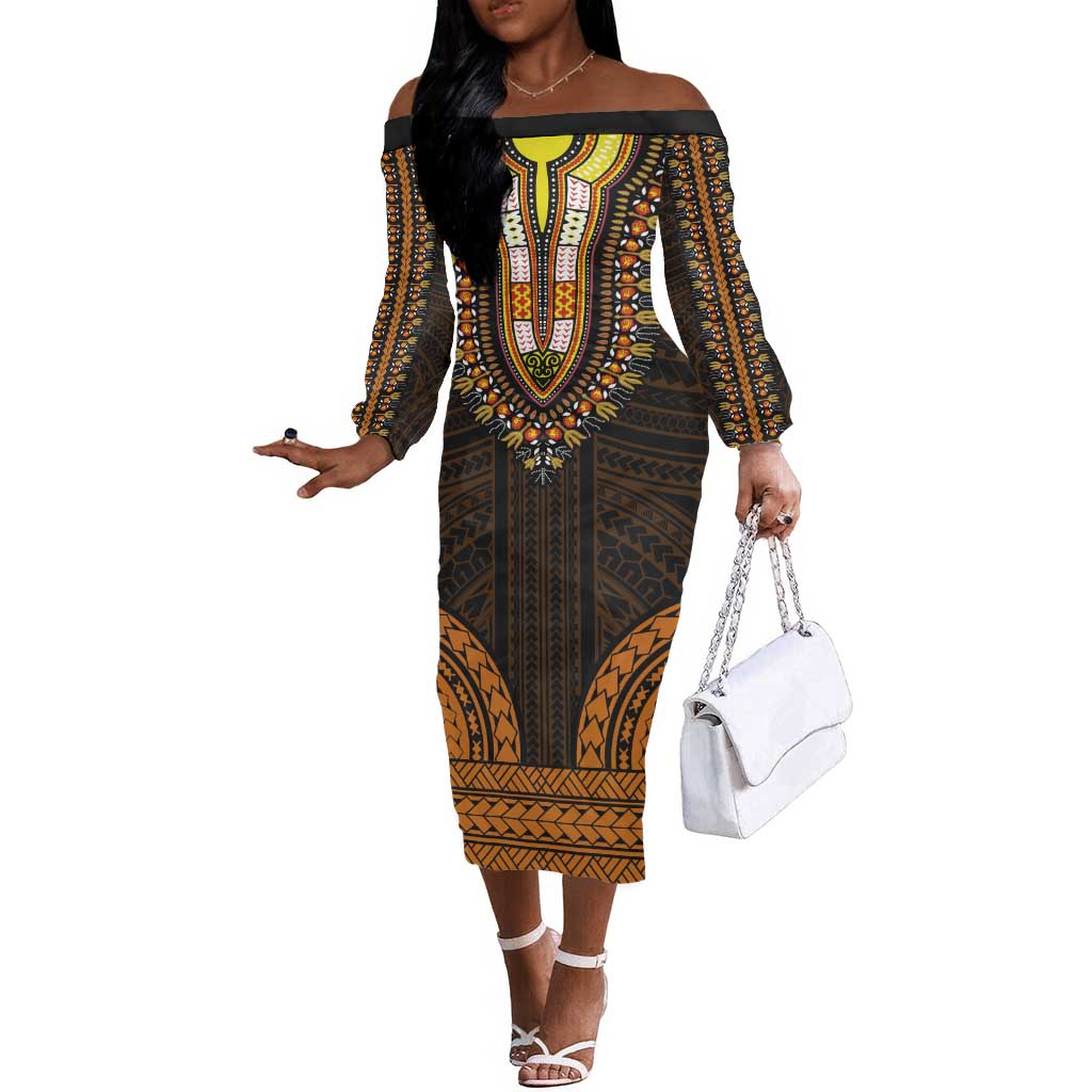 African Dashiki and Polynesian Pattern Off The Shoulder Long Sleeve Dress Gold