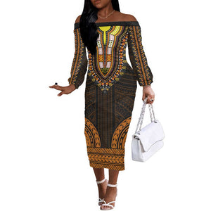 African Dashiki and Polynesian Pattern Off The Shoulder Long Sleeve Dress Gold