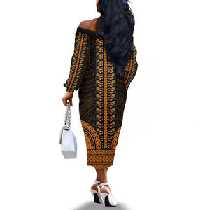 African Dashiki and Polynesian Pattern Off The Shoulder Long Sleeve Dress Gold