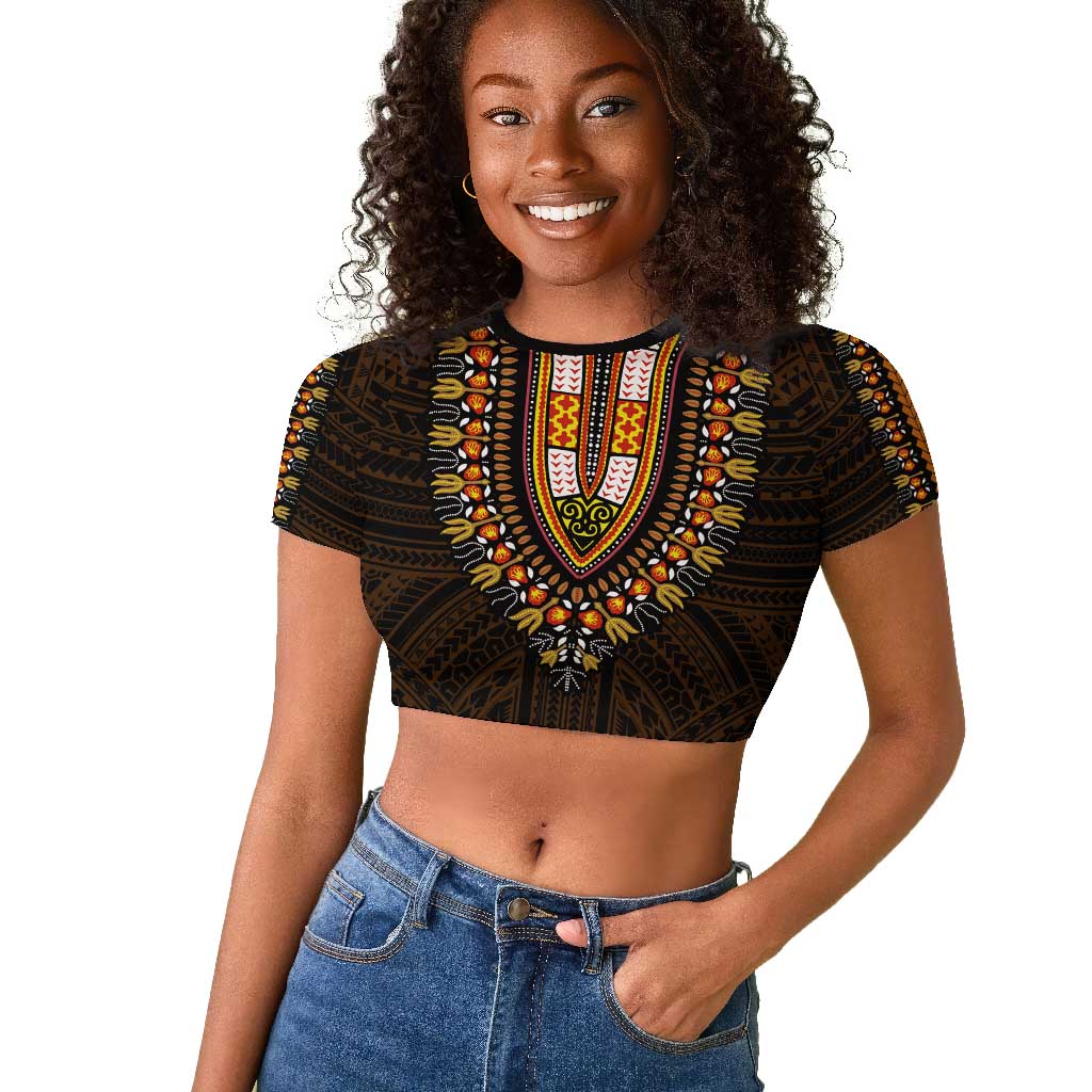 African Dashiki and Polynesian Pattern Raglan Cropped T shirt Gold