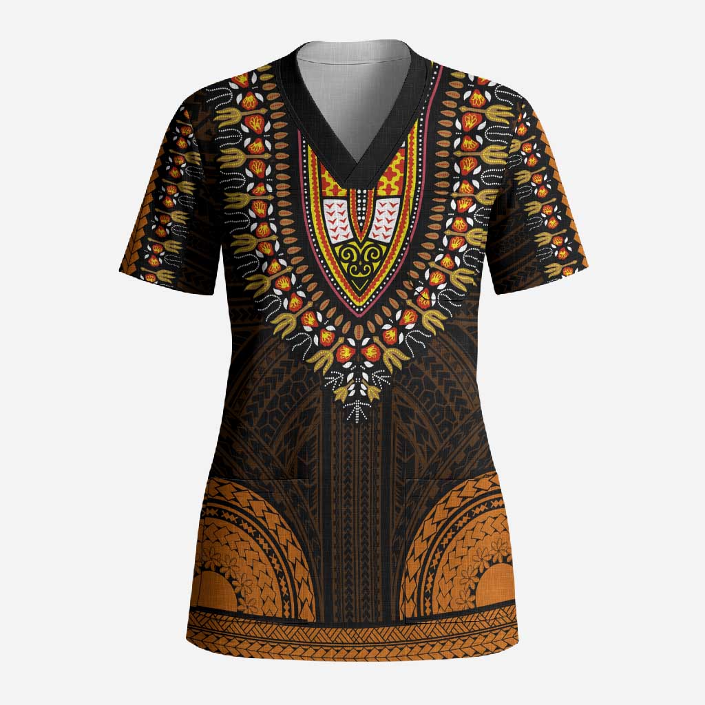 African Dashiki and Polynesian Pattern Scrub Top Gold