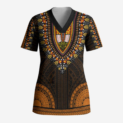 African Dashiki and Polynesian Pattern Scrub Top Gold