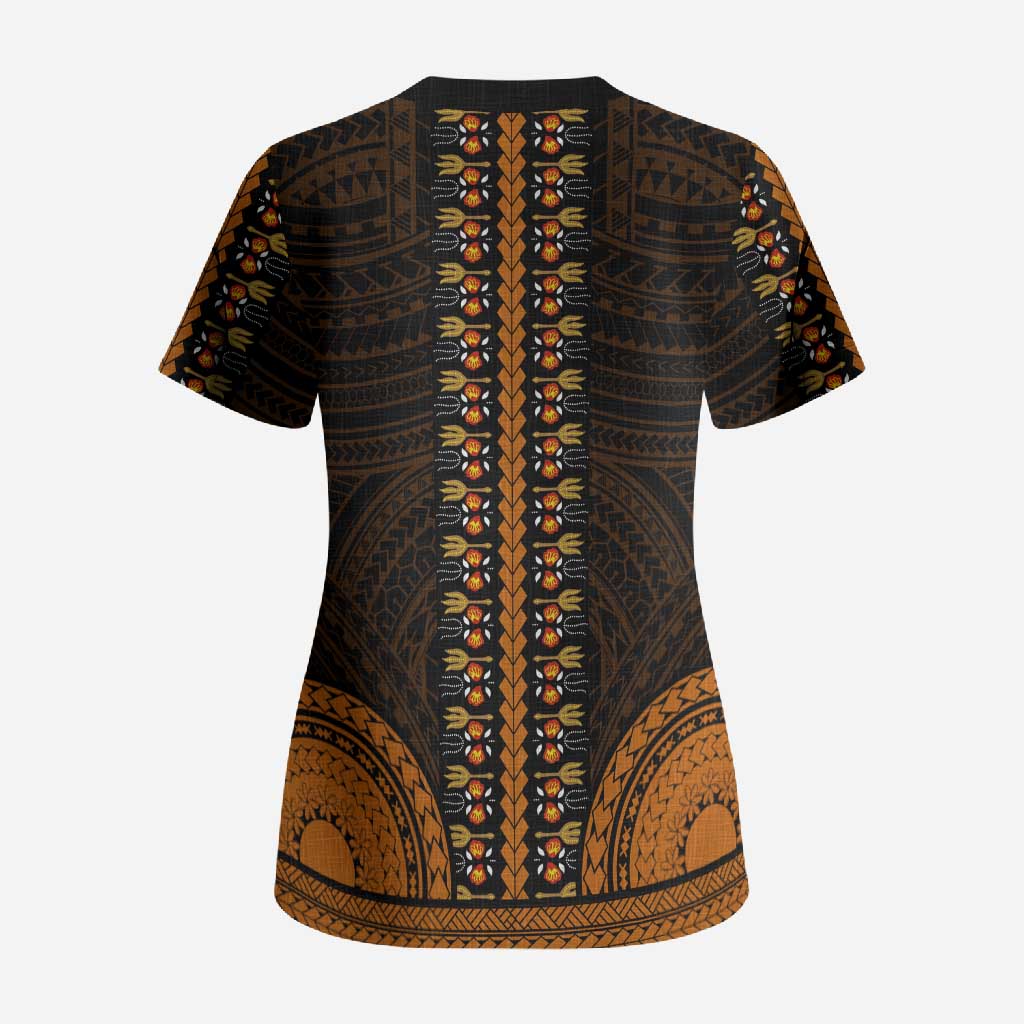 African Dashiki and Polynesian Pattern Scrub Top Gold