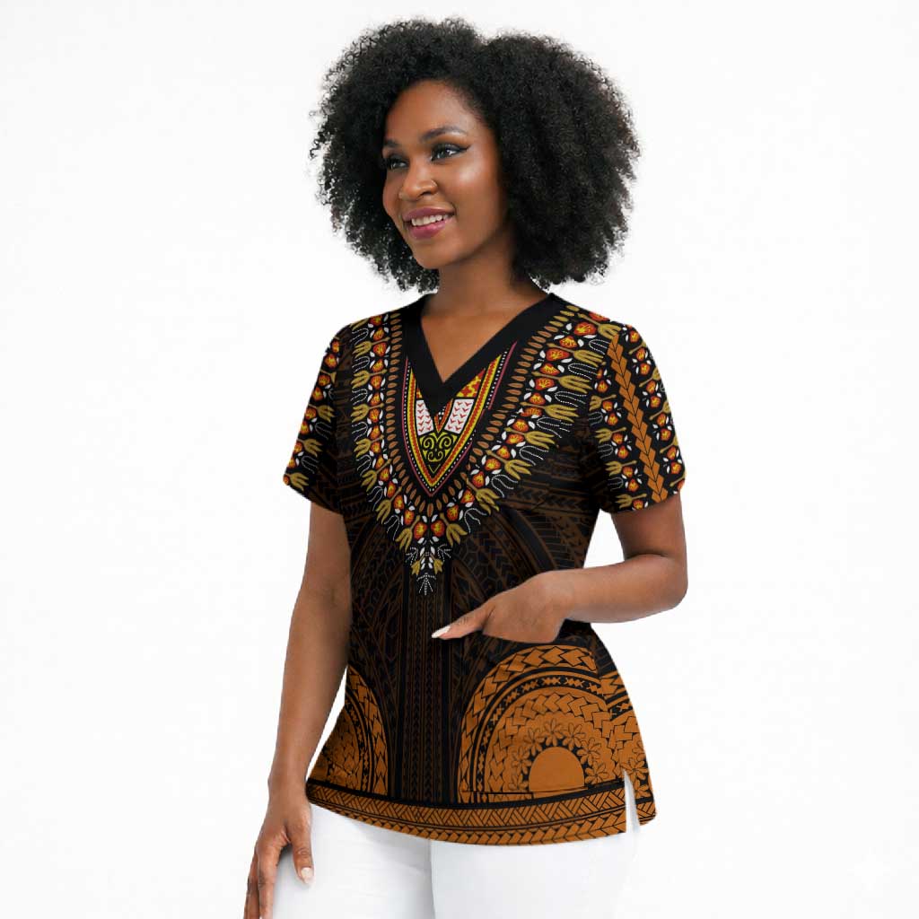 African Dashiki and Polynesian Pattern Scrub Top Gold