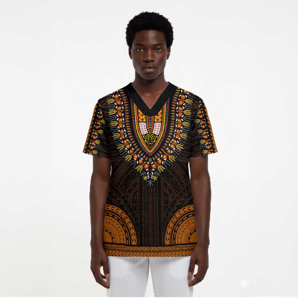 African Dashiki and Polynesian Pattern Scrub Top Gold