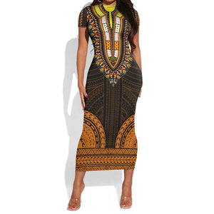 African Dashiki and Polynesian Pattern Short Sleeve Bodycon Dress Gold