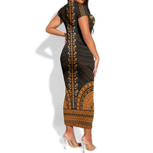 African Dashiki and Polynesian Pattern Short Sleeve Bodycon Dress Gold