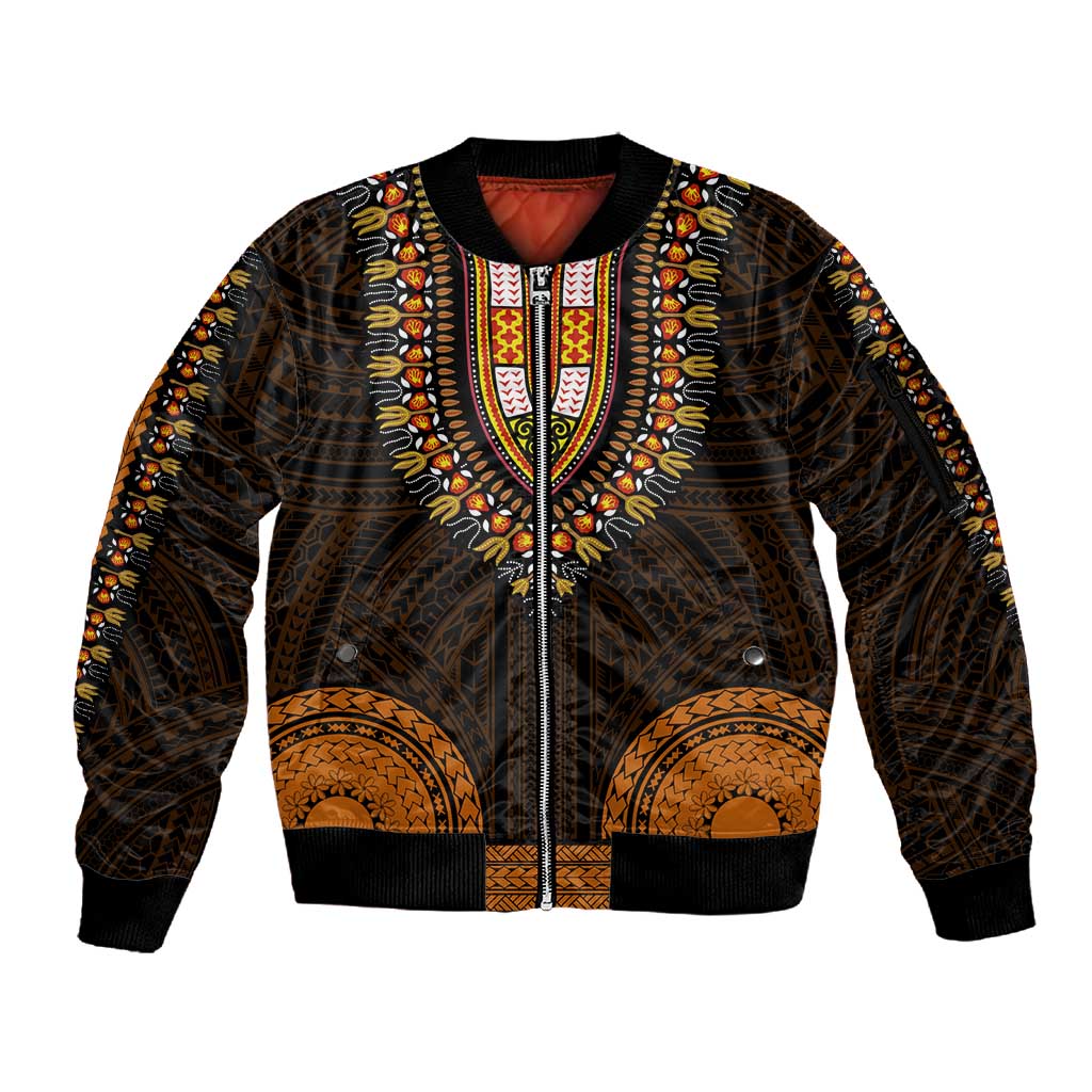 African Dashiki and Polynesian Pattern Sleeve Zip Bomber Jacket Gold