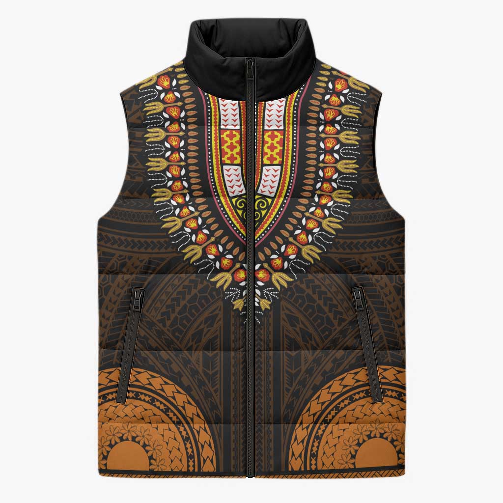 African Dashiki and Polynesian Pattern Sleeveless Puffer Jacket Gold