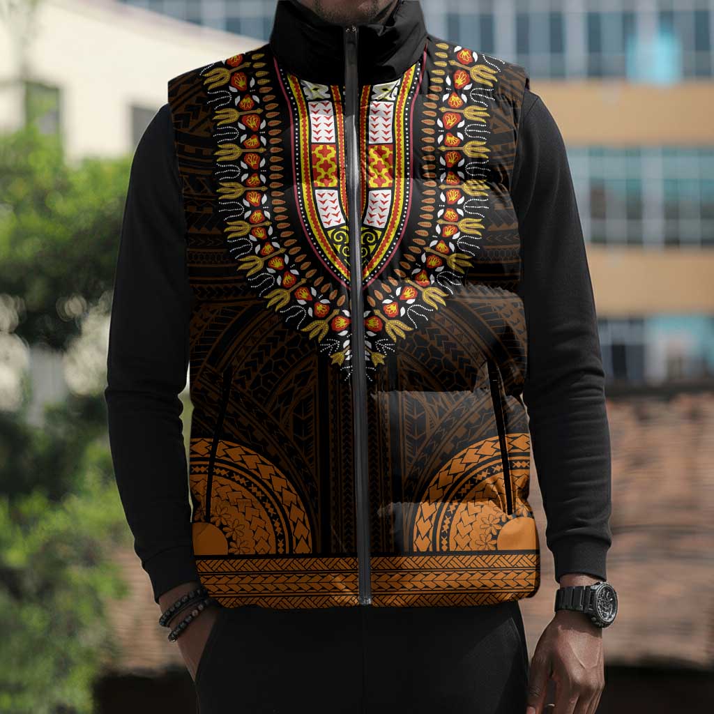 African Dashiki and Polynesian Pattern Sleeveless Puffer Jacket Gold