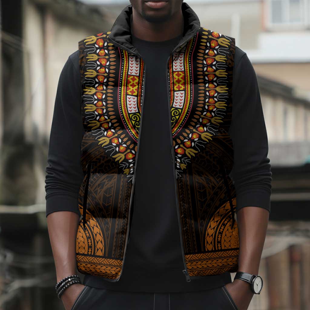 African Dashiki and Polynesian Pattern Sleeveless Puffer Jacket Gold