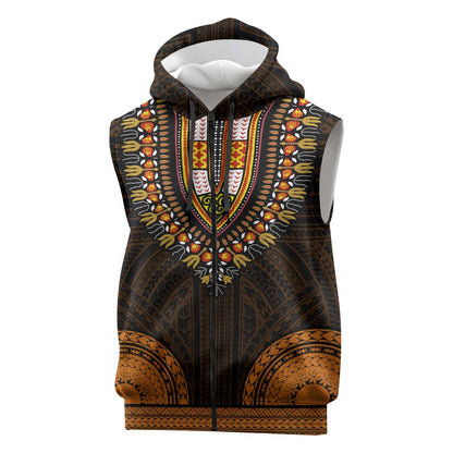 African Dashiki and Polynesian Pattern Sleeveless Zip Hoodie Gold - African Pride