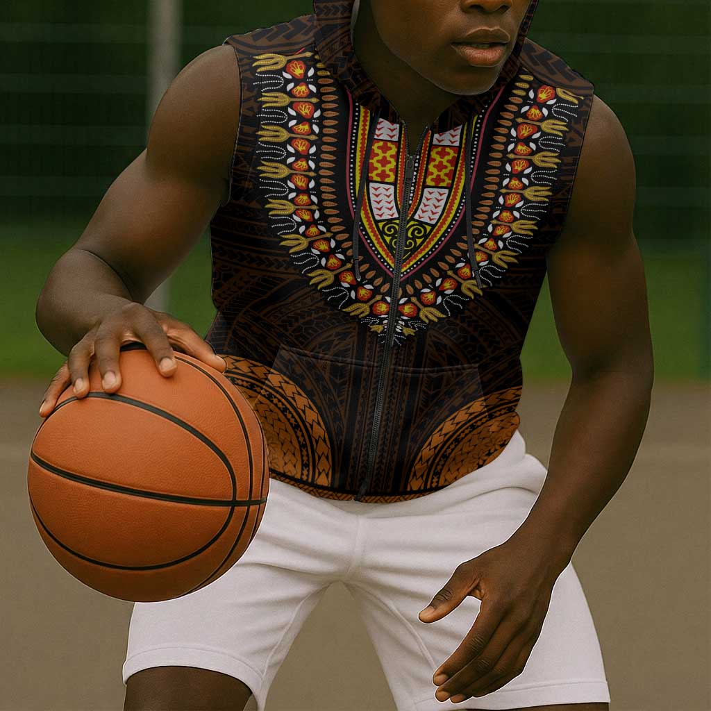 African Dashiki and Polynesian Pattern Sleeveless Zip Hoodie Gold - African Pride