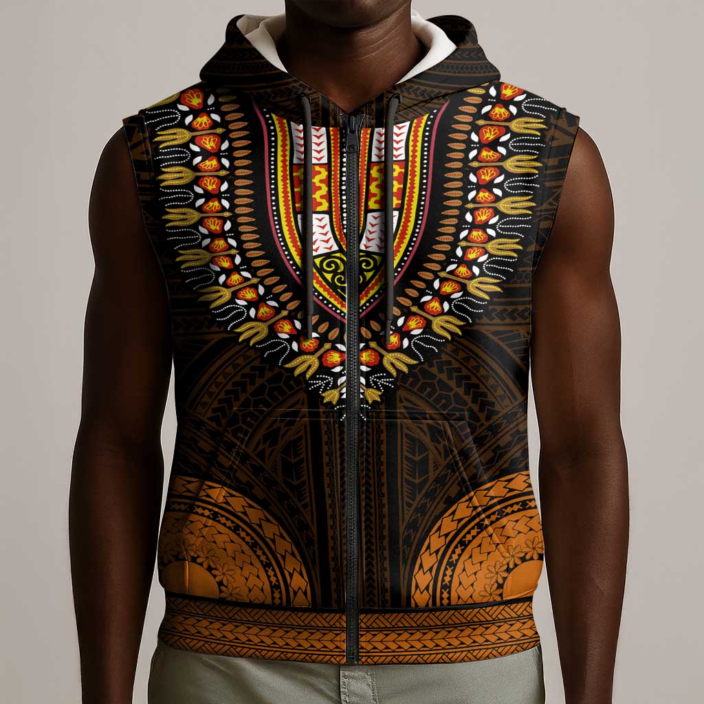 African Dashiki and Polynesian Pattern Sleeveless Zip Hoodie Gold - African Pride