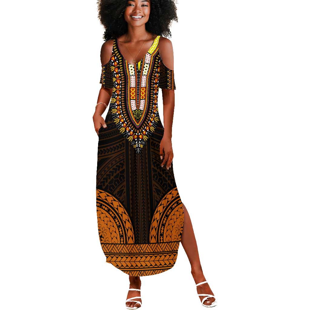 African Dashiki and Polynesian Pattern Summer Maxi Dress Gold