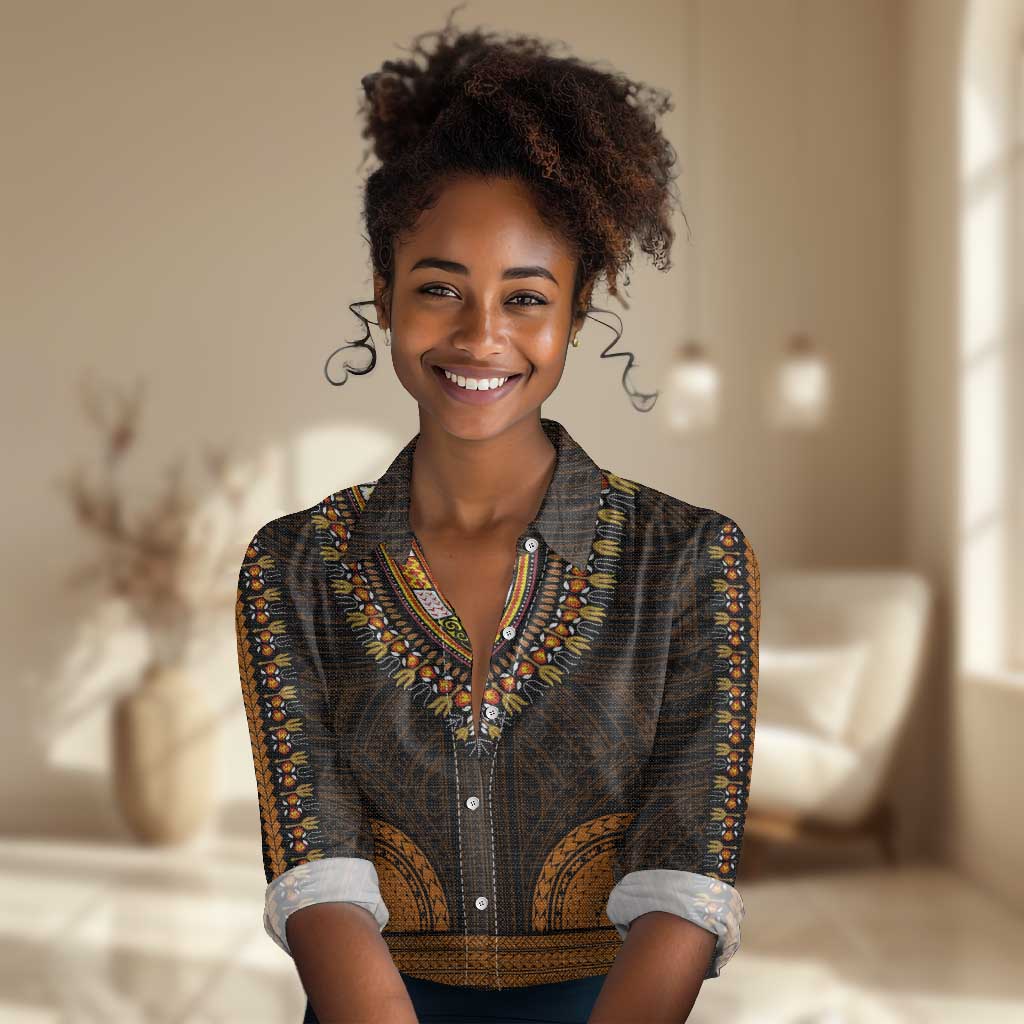 African Dashiki and Polynesian Pattern Women Casual Shirt Gold