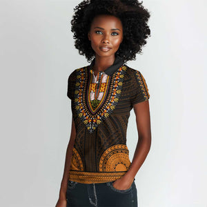 African Dashiki and Polynesian Pattern Women Polo Shirt Gold