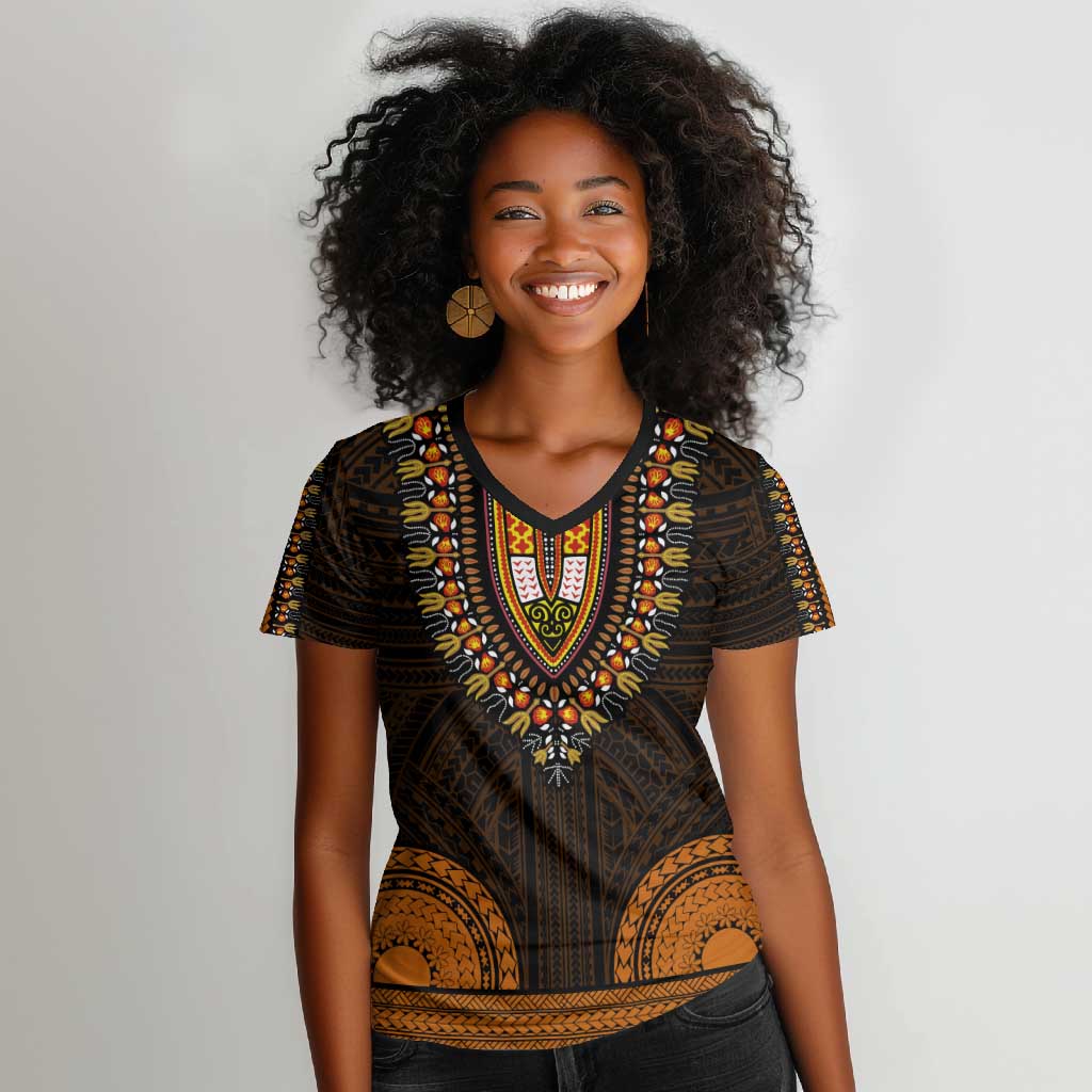 African Dashiki and Polynesian Pattern Women V-Neck T-Shirt Gold