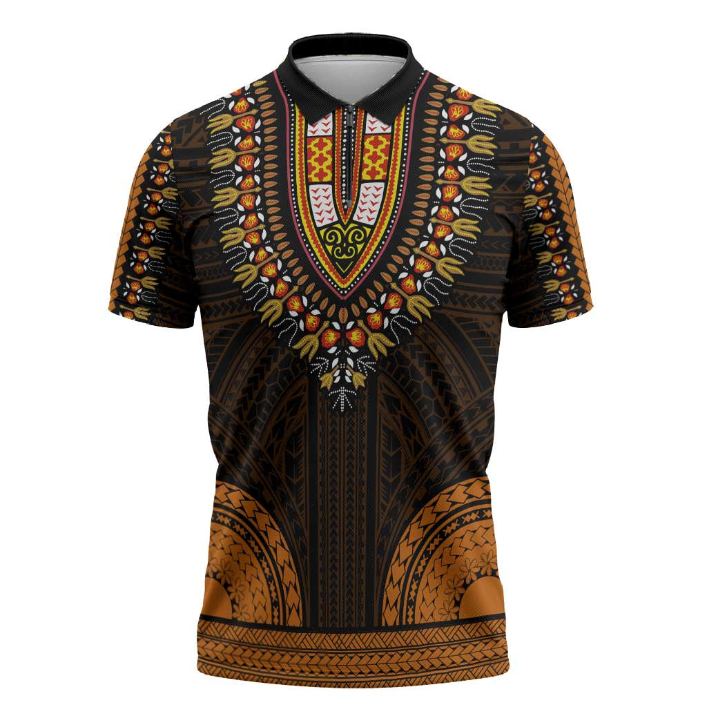 African Dashiki and Polynesian Pattern Zipper Polo Shirt Gold
