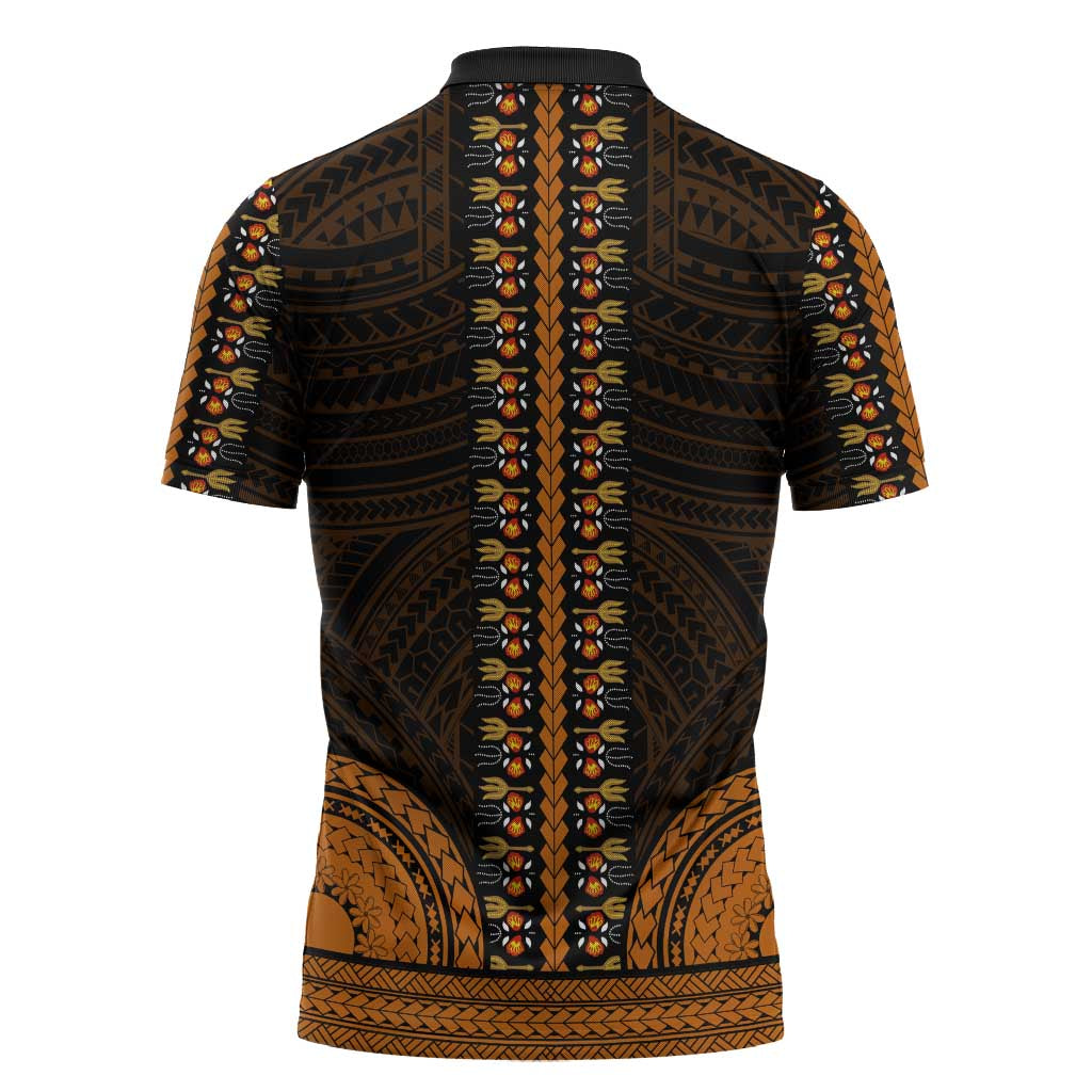 African Dashiki and Polynesian Pattern Zipper Polo Shirt Gold