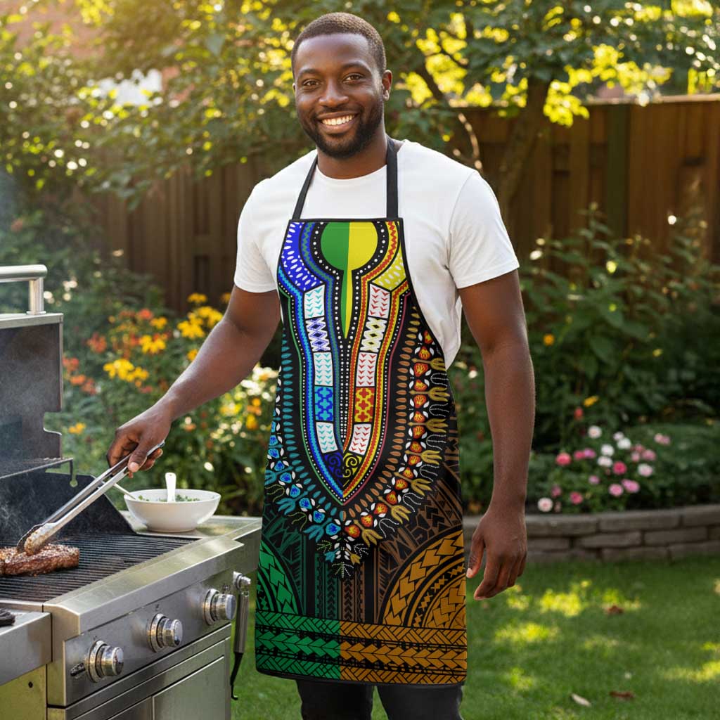 African Dashiki and Polynesian Pattern Apron Half Green-Gold